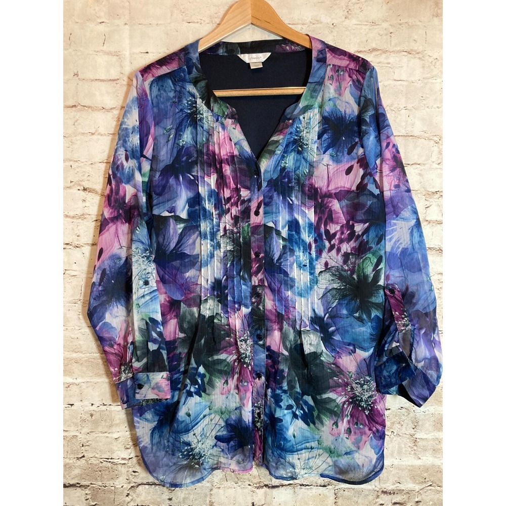 CJ Banks Top Womens 1X Navy Purple Watercolor Floral Button Up Pleated Roll Tab